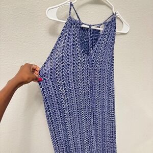 World Market Blue White Geometric Print Maxi Dress Halter Neck‎ Summer Flowy